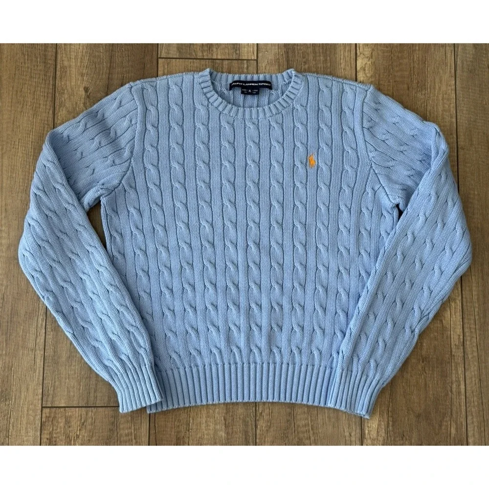 VTG Polo Ralph Lauren Sport Cable Knit Crew Neck Sweater XL/160 Blue Orange Pony - Picture 1 of 10